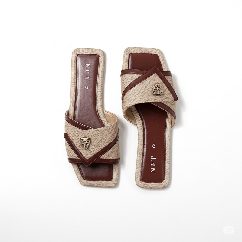 Beige & Brown Cross-Strap Slides