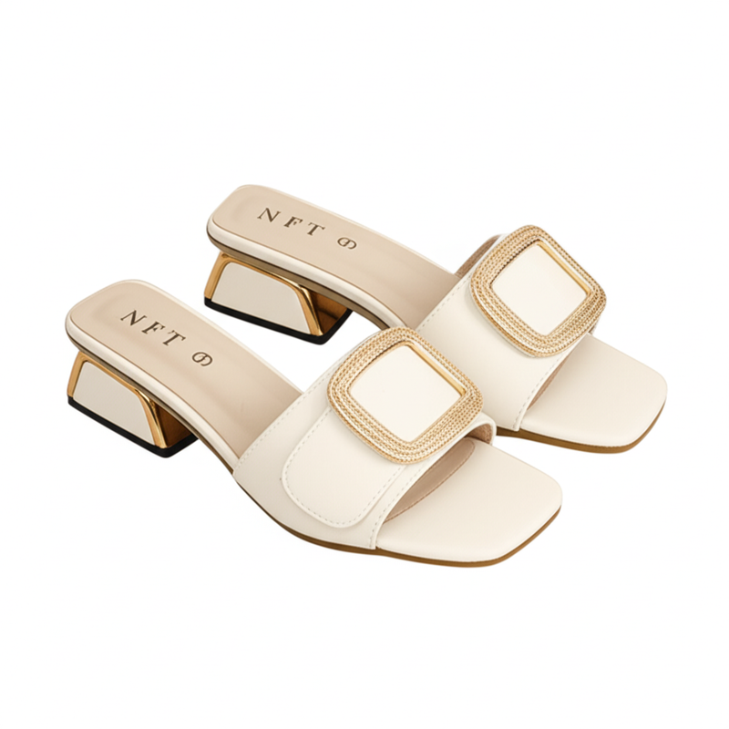 White Buckle Block Heel Slides