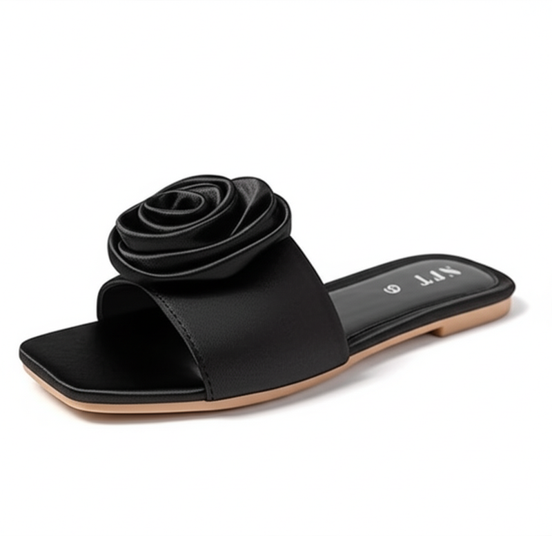 Elegant Black Floral Flat Sandals