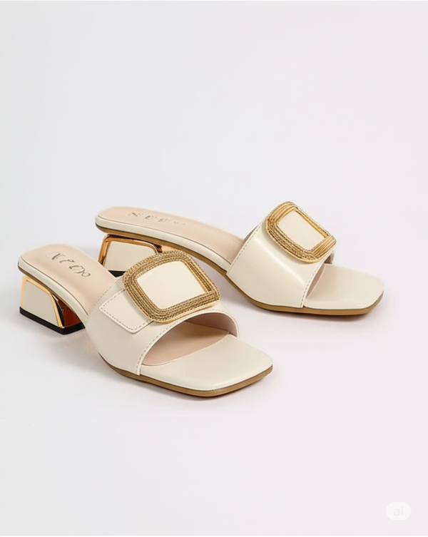 White Buckle Block Heel Slides