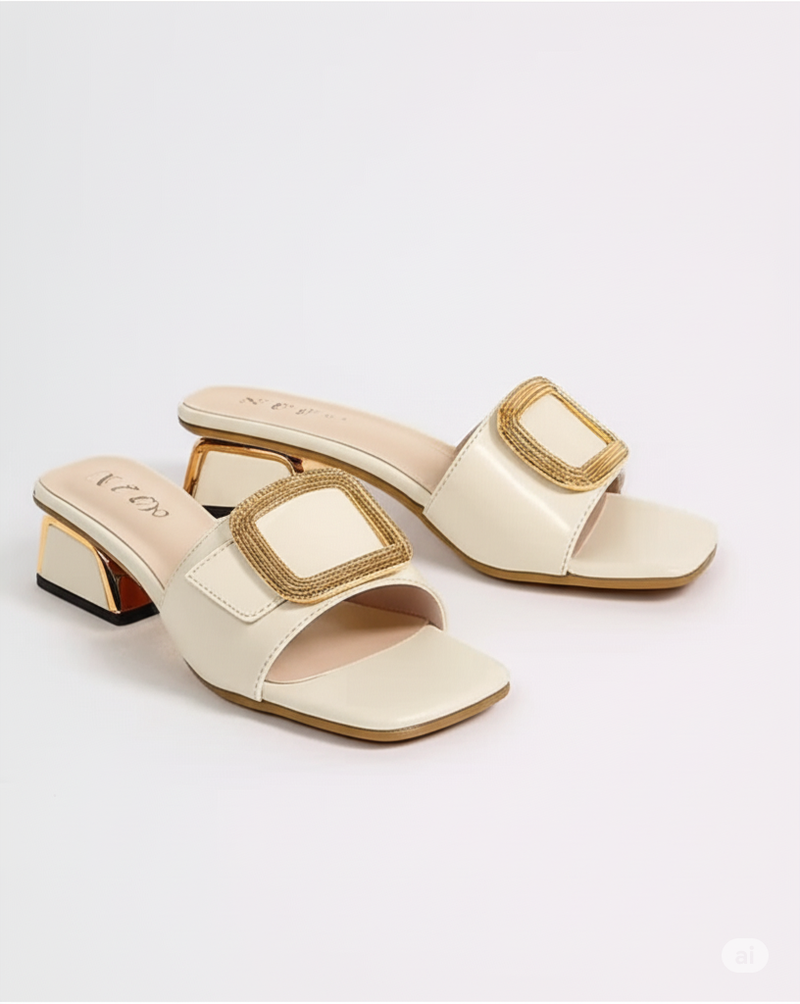 White Buckle Block Heel Slides