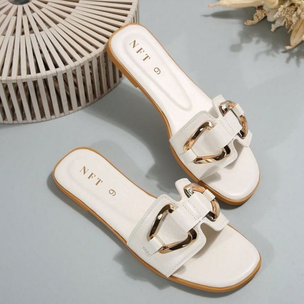 Elegant White Flat Sandals with Gold Buckle