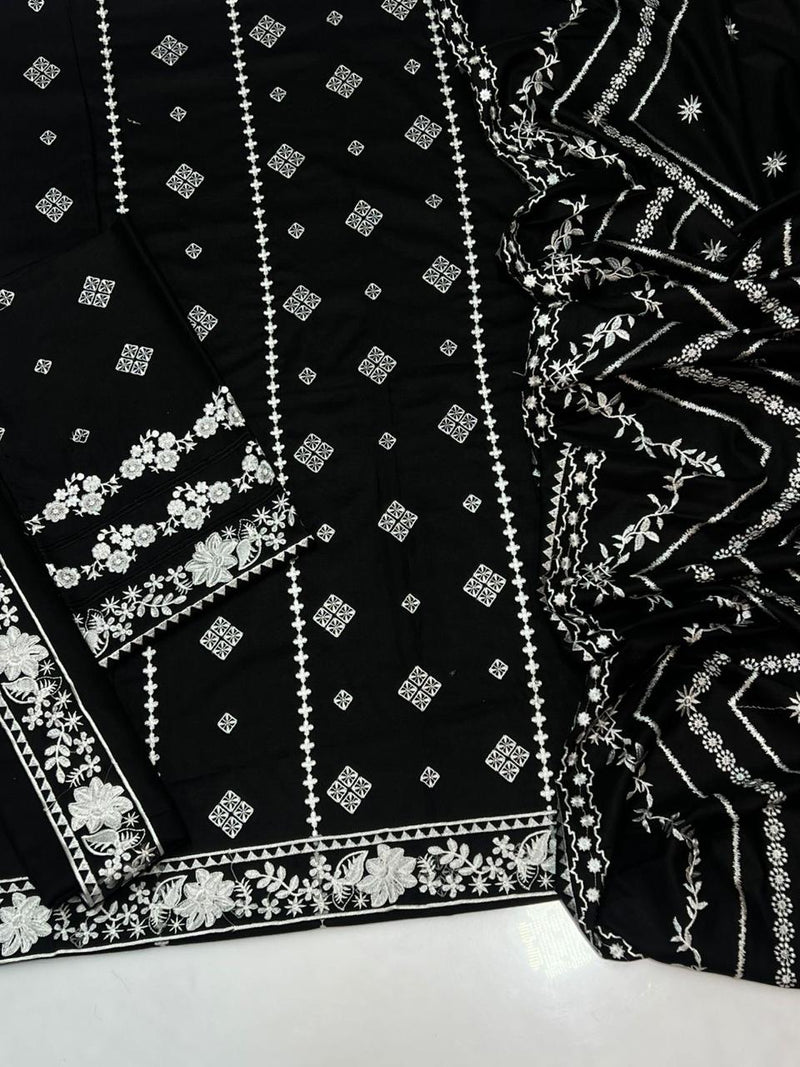 Black & White Dhanak Embroidered 3-Piece Suit