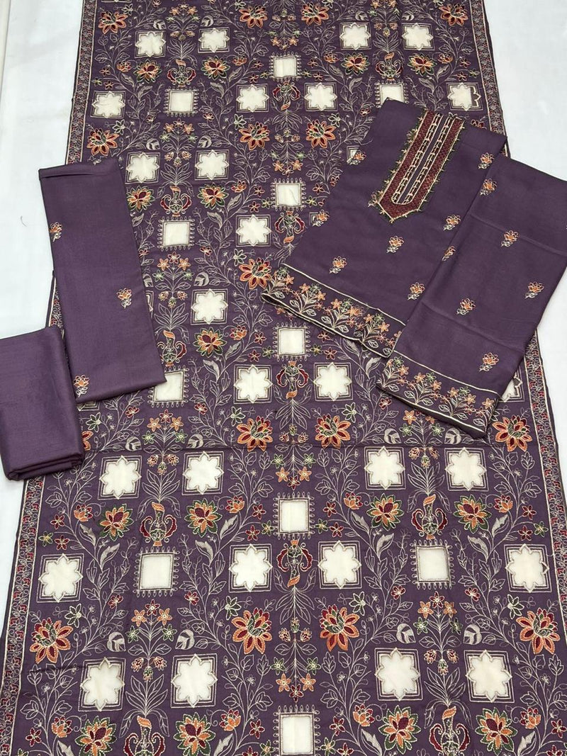 Luxury Purple Printed & Embroidered Dhanak Suit