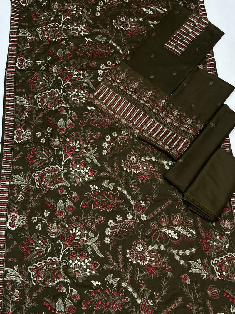 Mehndi Green Printed & Embroidered Dhanak Suit