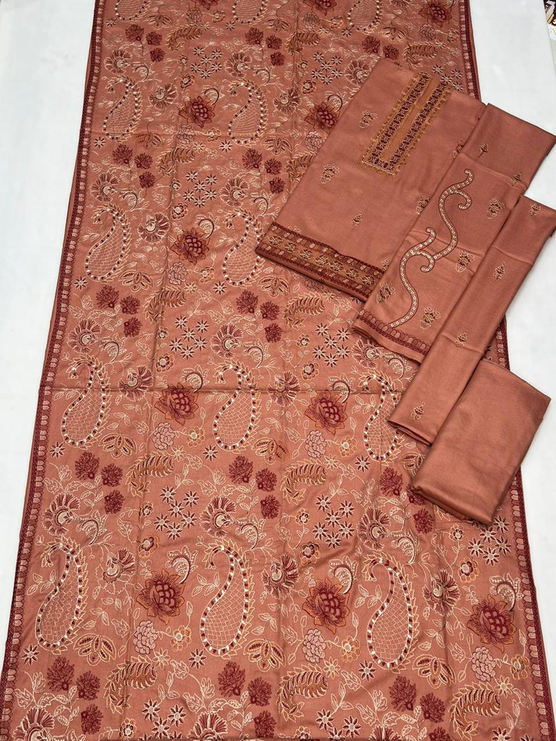 Peach Printed & Embroidered Dhanak Winter Suit