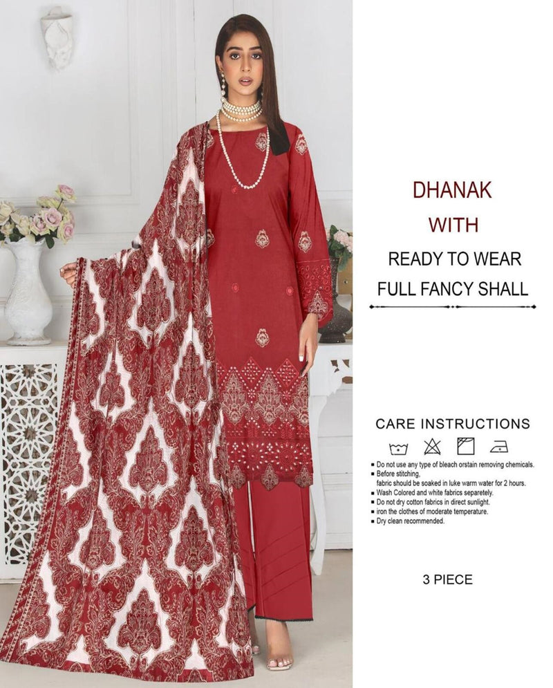 Red Dhanak Suit with Fancy Print Shawl