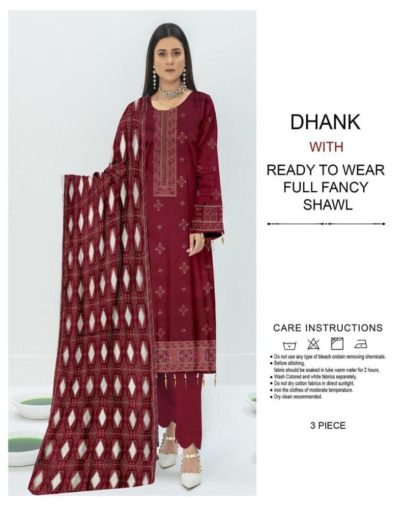 Maroon Dhanak Suit with Fancy Geometric Shawl