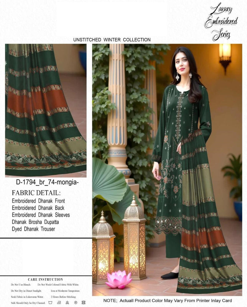 Luxury Embroidered Green Dhanak Winter Suit