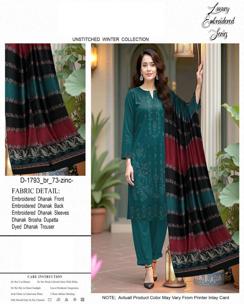 Luxury Embroidered Teal Dhanak Winter Suit