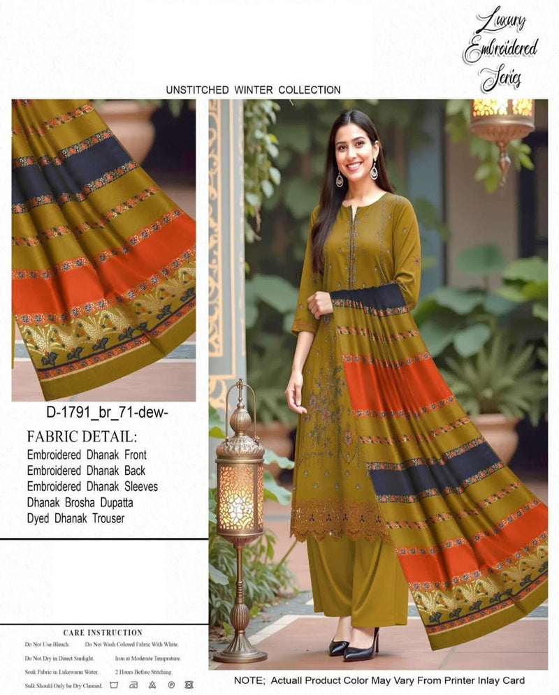 Luxury Embroidered Olive Dhanak Winter Suit