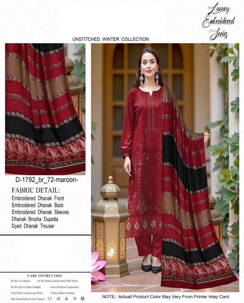 Luxury Embroidered Maroon Dhanak Winter Suit