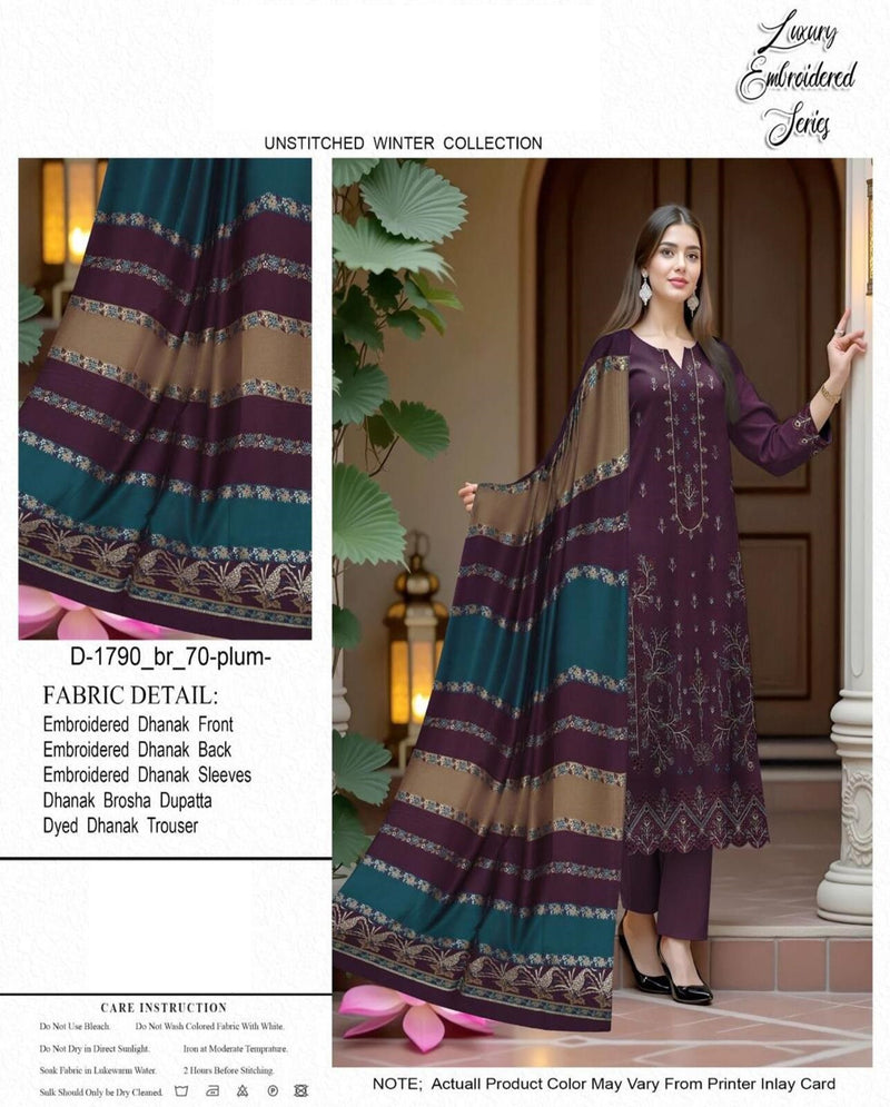Luxury Embroidered Dhanak Winter Suit – Plum & Multi
