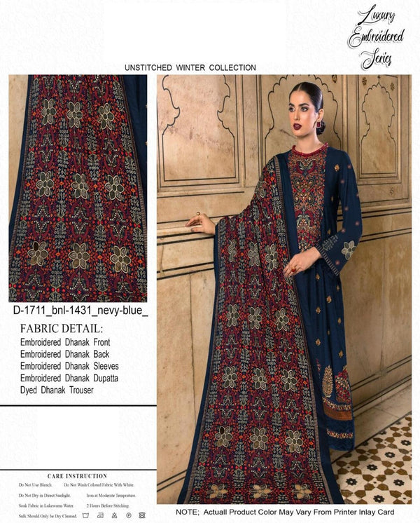 Luxury Embroidered Navy Dhanak Unstitched 3-Piece Suit