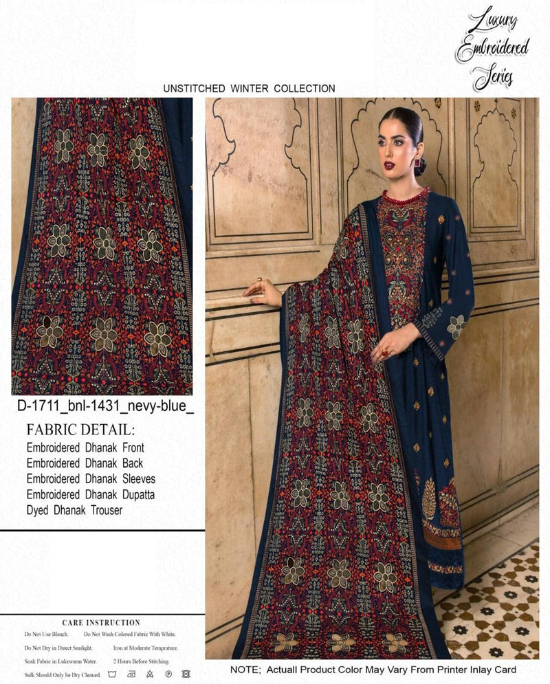 Luxury Embroidered Navy Dhanak Unstitched 3-Piece Suit