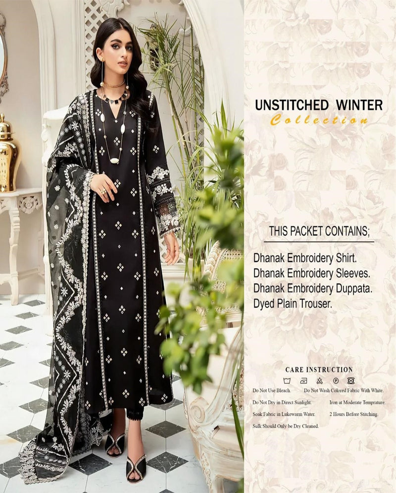 Black & White Dhanak Embroidered 3-Piece Suit