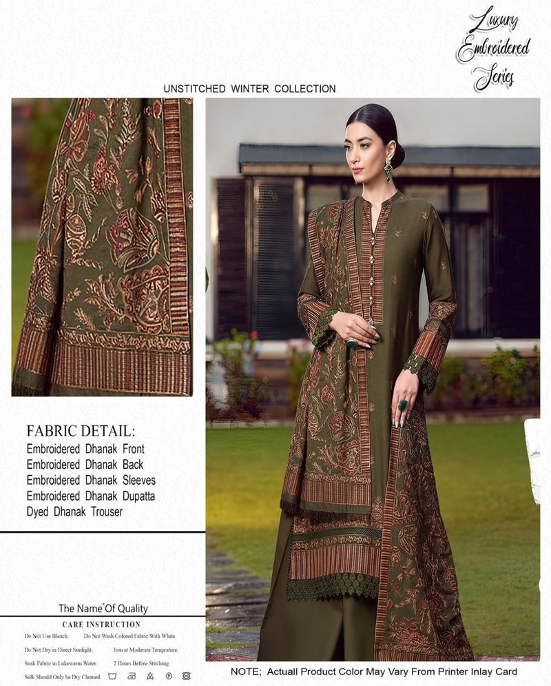 Mehndi Green Printed & Embroidered Dhanak Suit