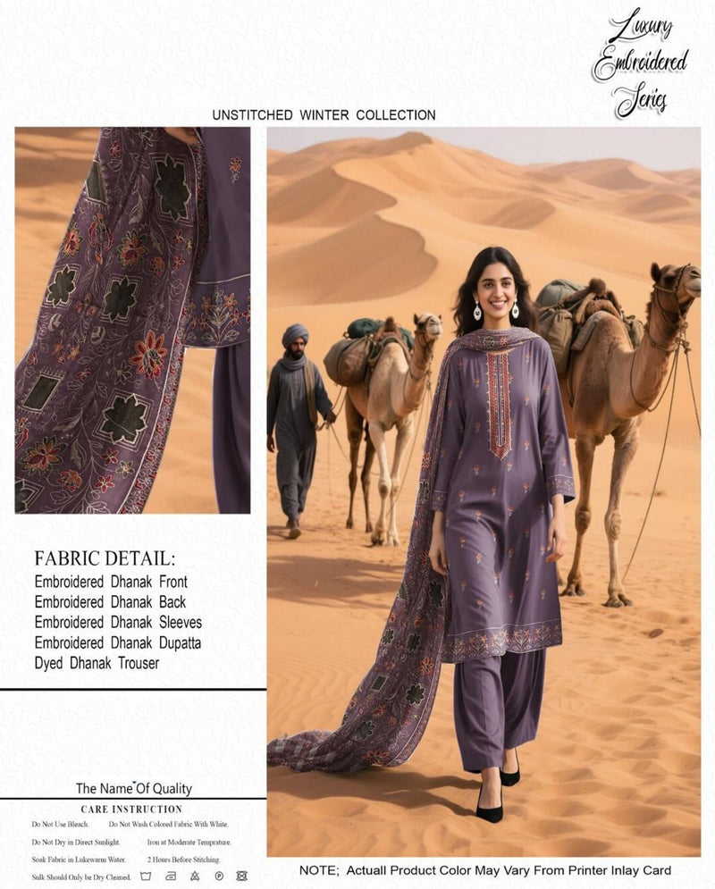 Luxury Purple Printed & Embroidered Dhanak Suit