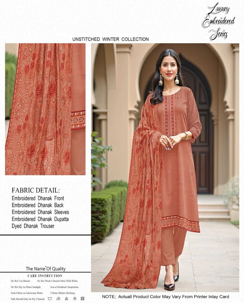 Peach Printed & Embroidered Dhanak Winter Suit